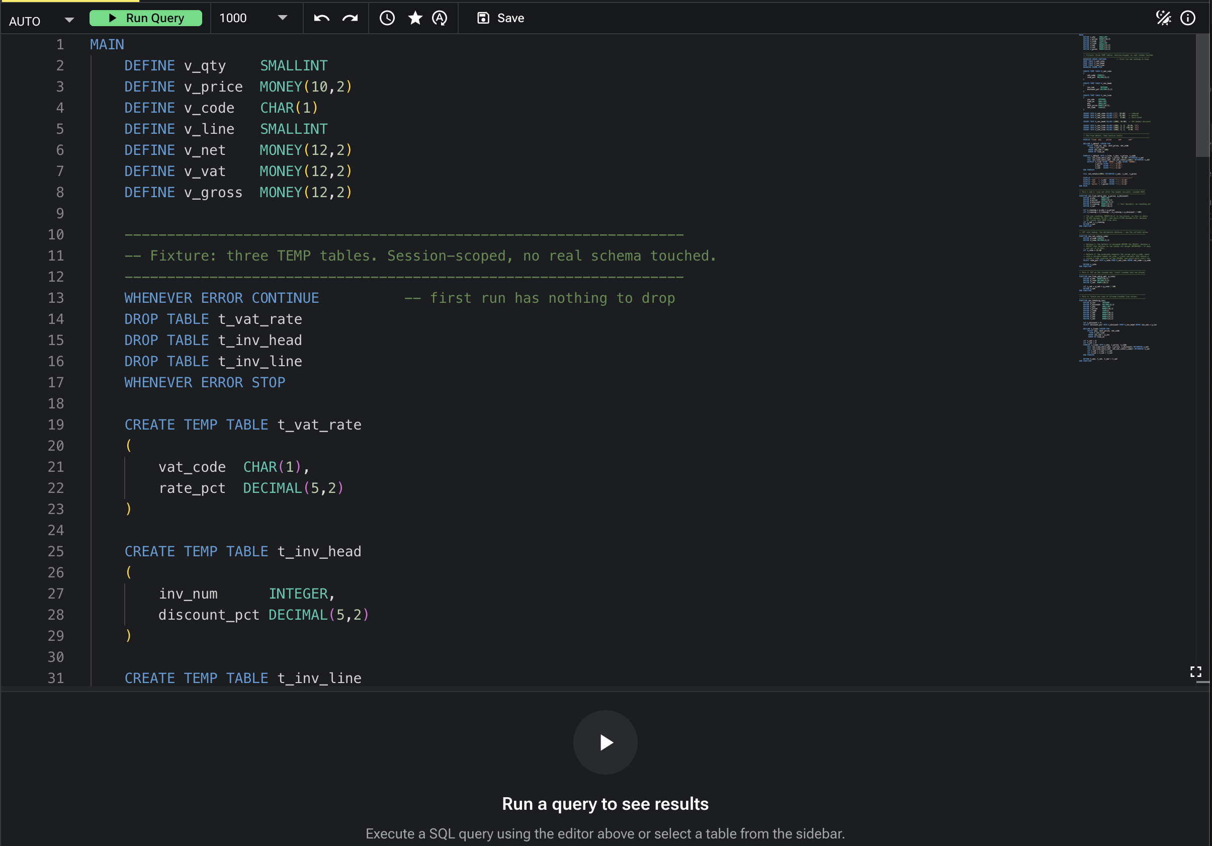 A 4GL program open in the platform's query editor: MAIN with DEFINE statements for SMALLINT, CHAR and MONEY variables, WHENEVER ERROR handling and CREATE TEMP TABLE statements, with syntax highlighting, line numbers, a minimap and a Run Query control.